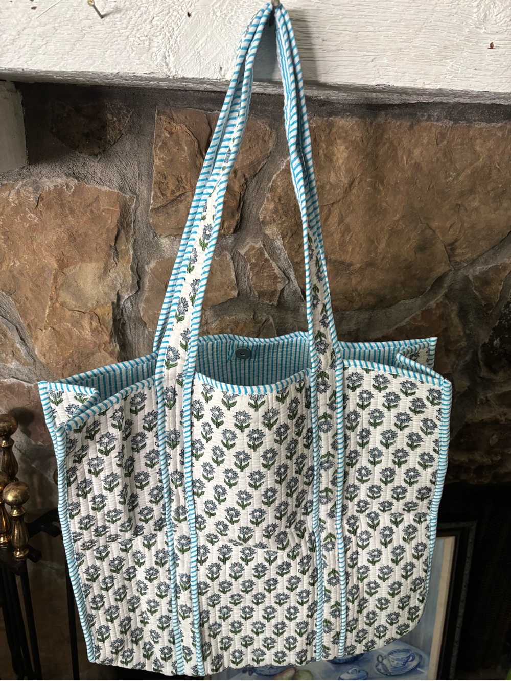 Quilted Floral Extra large Tote Bag in Blue and White